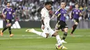 Real Madrid membuka keunggulan pada menit ke-22 lewat kaki Rodrygo yang menerima umpan dari Asensio. (AP Photo/Pablo Garcia)