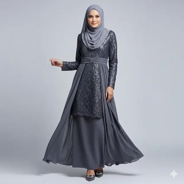 Gamis Pesta Kombinasi Brokat Full Payet. (via Gemini)