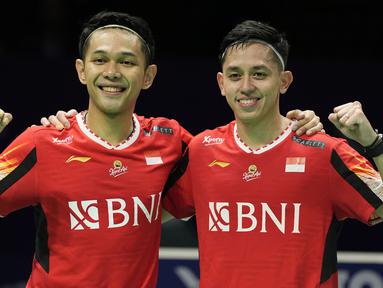 Tim bulutangkis putra Indonesia berhasil meraih kemenangan 3-0 atas Chinese Taipei di semifinal Piala Thomas 2024 di Hi Tech Zone Sports Centre, Chengdu, China, Sabtu (4/5/2024). (AP Photo/Ng Han Guan)