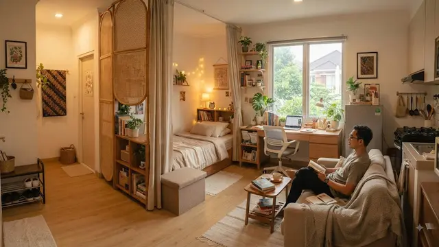 Desain rumah mungil untuk pekerja lajang introvert model studio dengan partisi