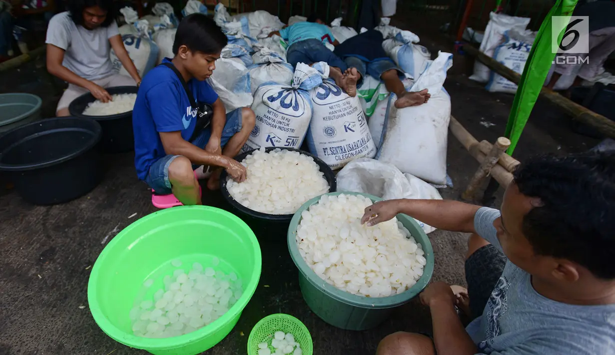 Pedagang memilah kolang-kaling di Pasar Induk Kramat Jati, Jakarta, Jumat (10/5/2019). Kolang-kaling banyak dipilih untuk menu berbuka puasa sebagai campuran minuman. (merdeka.com/Imam Buhori)