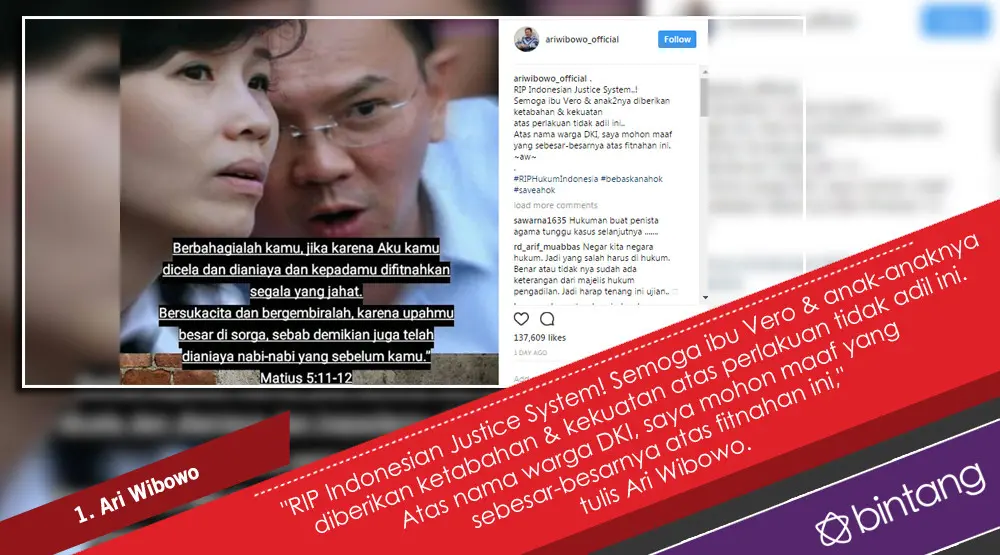 Komentar 5 Selebriti terkait Vonis Ahok 2 Tahun Penjara. (Foto: Instagram/ariwibowo_official, Desain: Nurman Abdul Hakim/Bintang.com)
