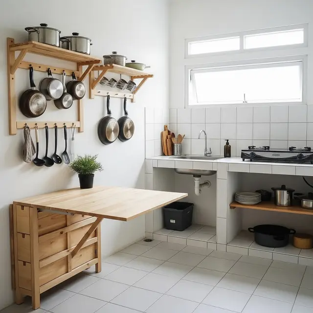Dapur Tanpa Kitchen Set dengan Meja Lipat