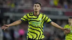 Gelandang Arsenal Kai Havertz berselebrasi setelah mencetak gol ke gawang MLS All-Stars pada pertandingan pramusim di Audi Field, Amerika Serikat, Kamis (20/7/2023). (AP Photo/Alex Brandon)