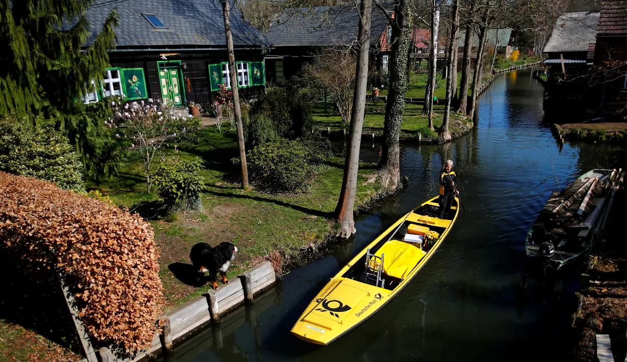 Tukang pos wanita dari Deutsche Pos DHL, Andrea Bunar menggunakan perahu tradisional untuk mengantar surat dan paket di desa Spreewald di Lehde, 4 April 2019. Andrea Bunar menjadi satu-satunya tukang pos wanita Jerman yang mengantarkan surat dengan yang menggunakan perahu (REUTERS/Hannibal Hanschke)