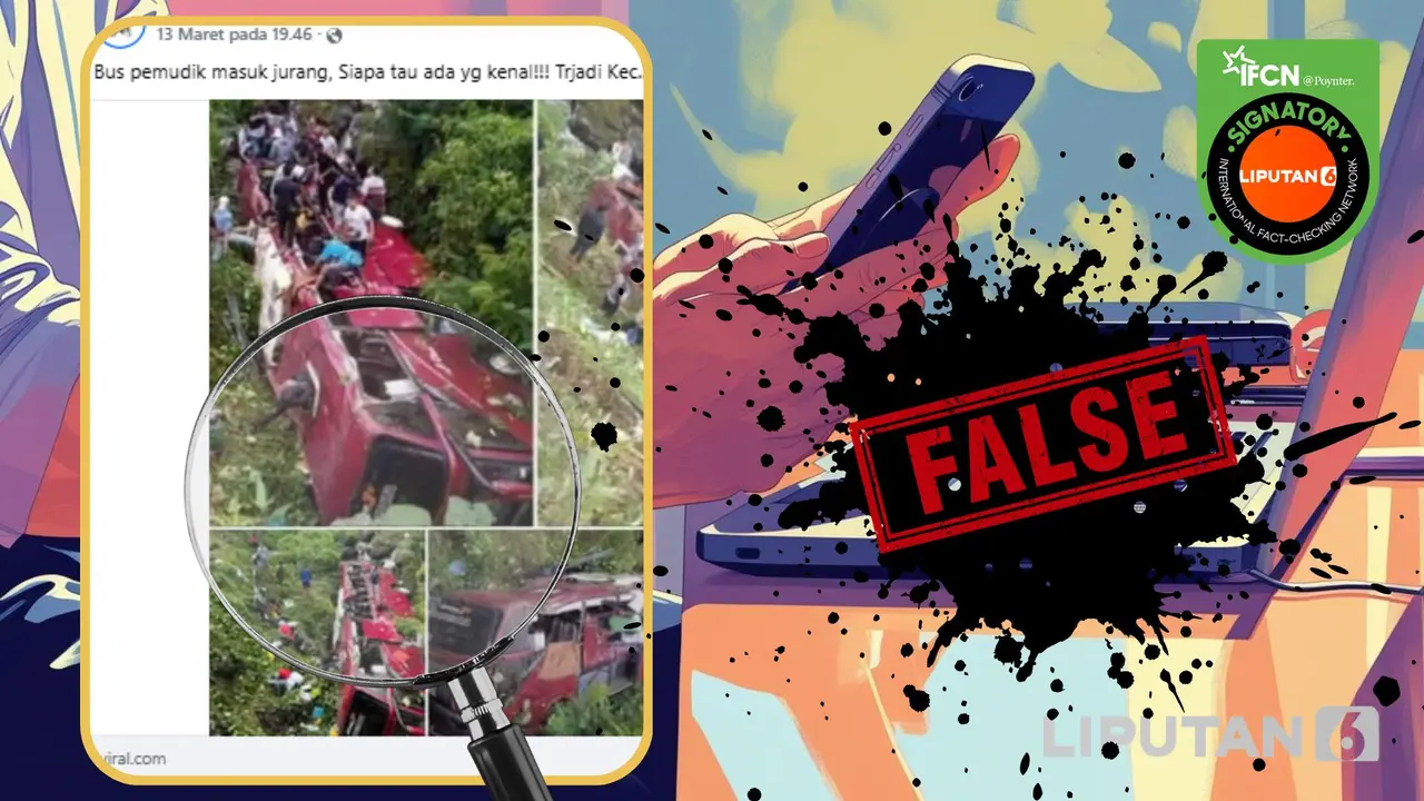 Cek Fakta Liputan6.com menangkap layar klaim foto bus pemudik masuk jurang.