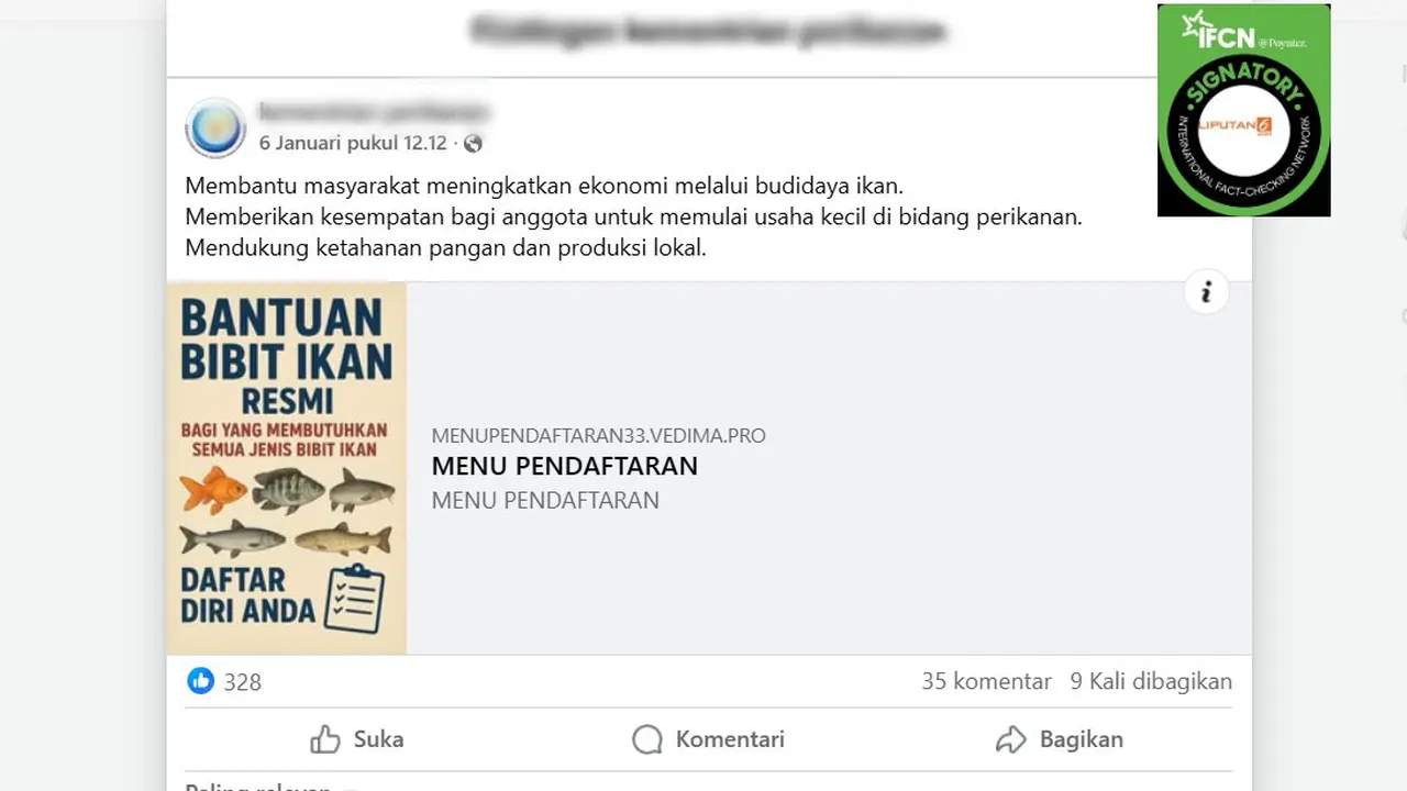 Tangkapan layar klaim link pendaftaran untuk mendapatkan bantuan bibit ikan yang beredar di Facebook.