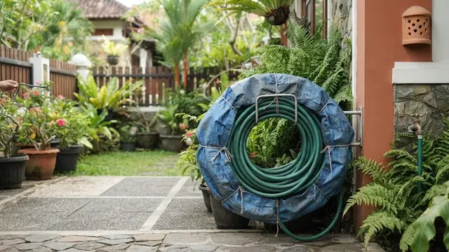 Ide pemanfaatan terpal bekas menjadi penutup selang air di rumah