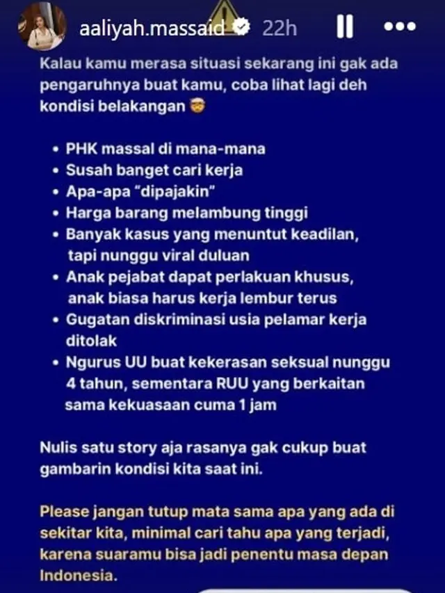 Aaliyah Massaid Ikut Dukung Peringatan Darurat, Unggah Soal PHK sampai UU Kekerasan Seksual di Instagram.