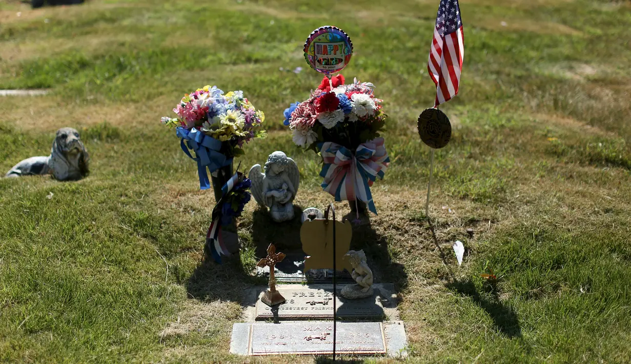 Makam dari sepasang suami istri dan anjing mereka terlihat di Memorial Park in Aspen Hill, Maryland, 25 Agustus 2015. Didirikan sejak tahun 1921, lebih dari 50.000 hewan dimakamkan di tempat ini. (REUTERS/Gary Cameron)