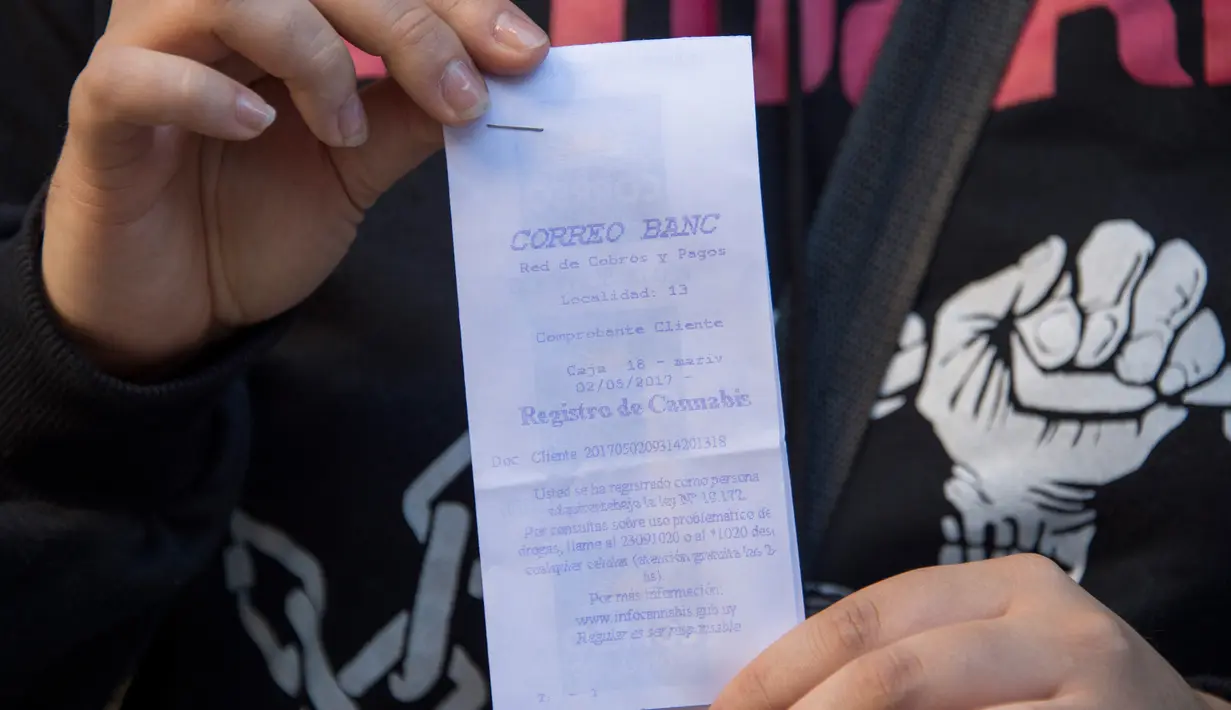 Seorang wanita menunjukkan bukti pendaftaran sebagai konsumen ganja di Montevideo, Urugay, Selasa (2/5). Mulai Juli, ganja bisa dengan mudah ditemukan di seluruh apotik di Uruguay yang dibanderol per gram sekitar Rp17 ribu. (Pablo PORCIUNCULA / AFP )
