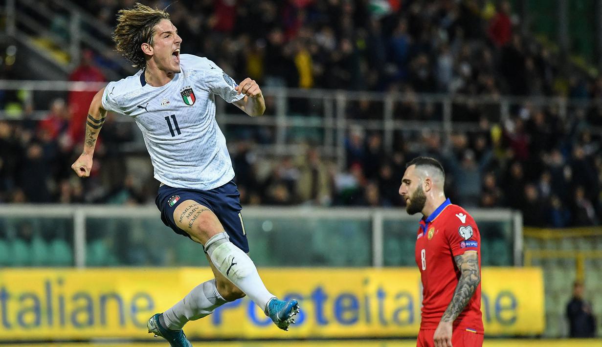 Kemenangan terbesar Italia ketika ditukangi Mancini yaitu saat menjamu Armenia pada kualifikasi Euro 2020. Walapun hanya menggunakan skuat lapis duanya, mereka mampu pesta 9-1 ke gawang Armenia. (Foto: AFP/Andreas Solaro)