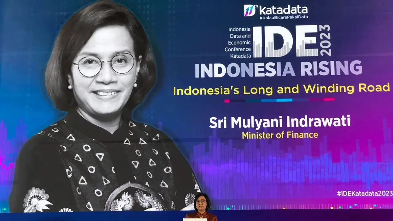 Menteri Keuangan (Menkeu) Sri Mulyani Indrawati  dalam sambutannya di Indonesia Data and Economic (IDE) Conference 2023, Kamis (20/7/2023). Sri Mulyani bercerita mengenai pesimisme negara G20.