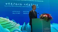 Duta Besar Tiongkok untuk Indonesia Wang Lutong dalam acara promosi pariwisata Provinsi Yunnan, China, di Jakarta, Kamis (15/5/2025). (Liputan6.com/Benedikta Miranti)
