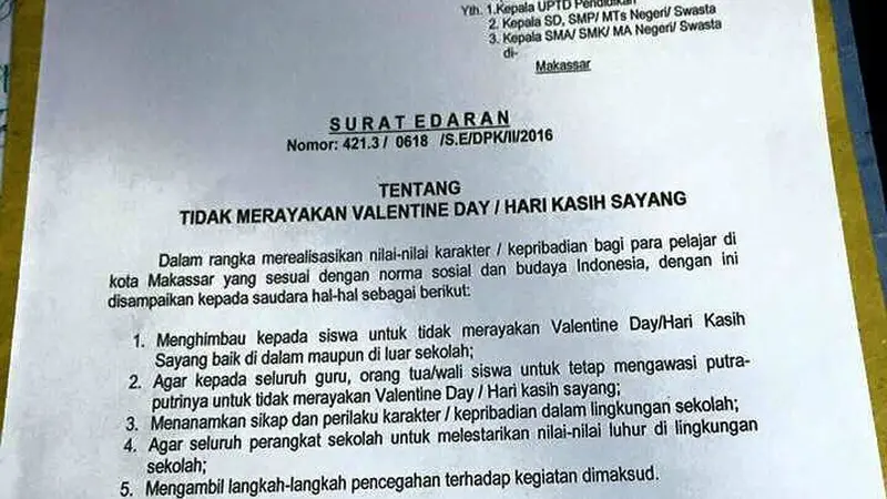 Perayaan Valentine Terlarang untuk Pelajar Makassar