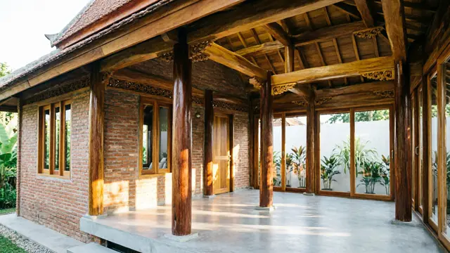 Desain Rumah Kampung dengan Dinding Bata Ekspos dan Kayu Jati (AI)