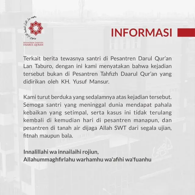 Klarifikasi pihak Ponpes Darul Qur'an soal ada santri tewas akibat dikeroyok 12 temannya. (Foto: Dok. Instagram @yusufmansurnew)