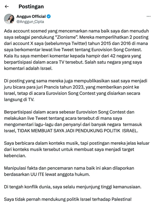 Klarifikasi Anggun soal tudingan pro Israel. (Foto: Dok. Twitter @Anggun_Cipta)