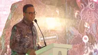 Gubernur DKI Jakarta Anies Baswedan memberi sambutan saat peletakan batu pertama atau ground breaking, Jakarta, Kamis (18/1). Sementara 195 unit sisanya adalah tipe 21 dengan harga jual Rp 185 juta. (Liputan6.com/Pool/Budi)