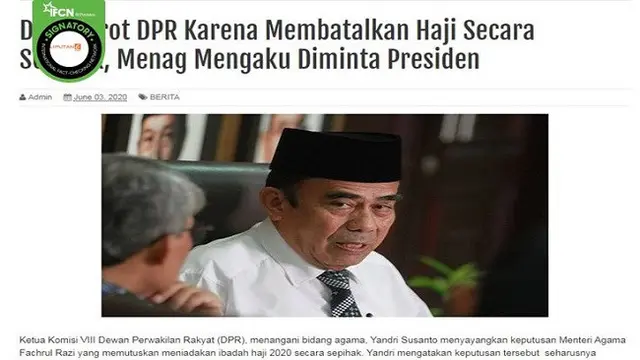 Gambar Tangkapan Layar Berita Tentang Pembatalan Haji 2020