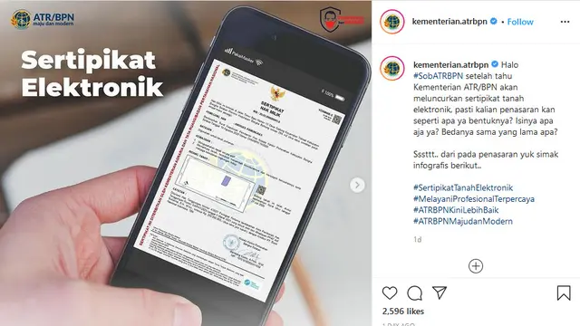 Kementerian Agraria dan Tata Ruang/Badan Pertanahan Nasional (ATR/BPN) mulai tahun ini akan menggunakan sertifikat tanah elektronik.