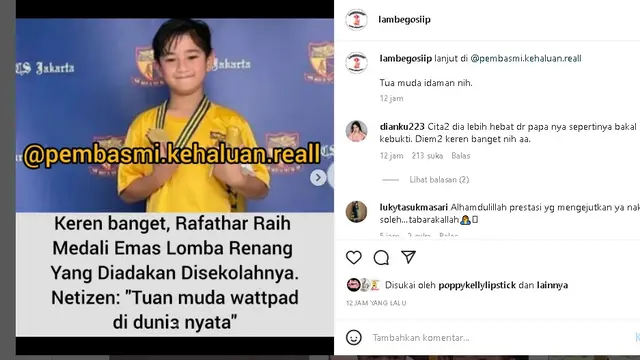 Rafathar juara satu saat ikut kompetisi renang (Foto: Instagram lambegosiip)