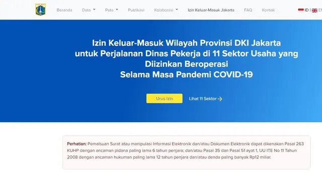 Formulir izin keluar masuk DKI Jakarta dapat diisi di laman resmi DKI Jakarta. (corona.jakarta.go.id)