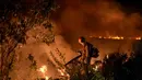 Seorang petugas pemadam kebakaran berusaha memadamkan api di sisi Jalan Transpantaneira, negara bagian Mato Grosso, Brasil, Rabu, 15 November 2023. (AP Photo/Andre Penner)