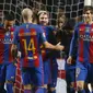 Selebrasi Striker Barcelona Lionel Messi saat mencetak gol ke gawang Glasgow Celtic (Reuters / Russell Cheyne)