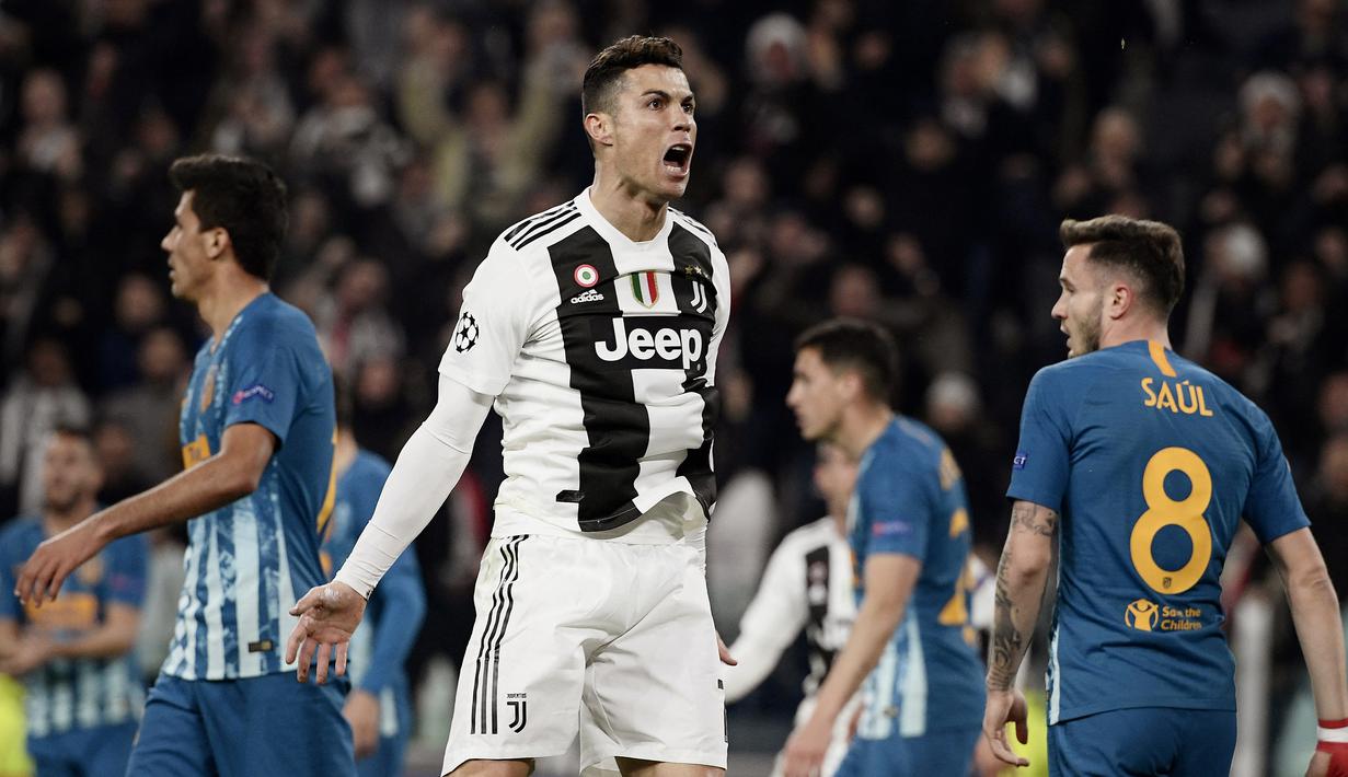 Cristiano Ronaldo. Striker Portugal berusia 37 tahun yang kini memmasuki musim ke-2 di periode keduanya bersama Manchester United ini memiliki raihan yang sama dengan Lionel Messi dengan mencetak 8 kali hattrick di Liga Champions. Namun CR-7 melakukannya dengan dua klub berbeda, yaitu Real Madrid dan Juventus. Hattrick terakhirnya dibuat ke gawang tamunya Atetico Madrid pada leg kedua babak 16 besar Liga Champions 2018/2019, 12 Maret 2019. Dalam laga tersebut Juventus akhirnya mengungguli Atletico Madrid dengan skor 3-0. (AFP/Filippo Monteforte)