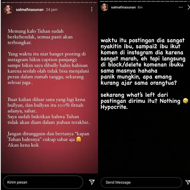 Unggahan Salmafina Sunan. (Foto: Instagram @lambe_turah)