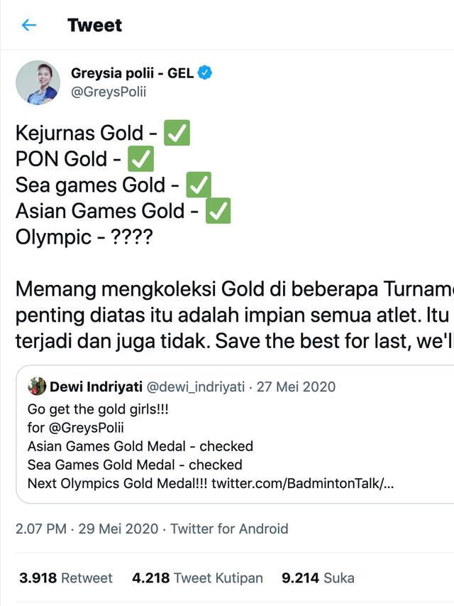 Cuitan Greysia Polii. (Foto: Dok. Twitter @greyspolii)