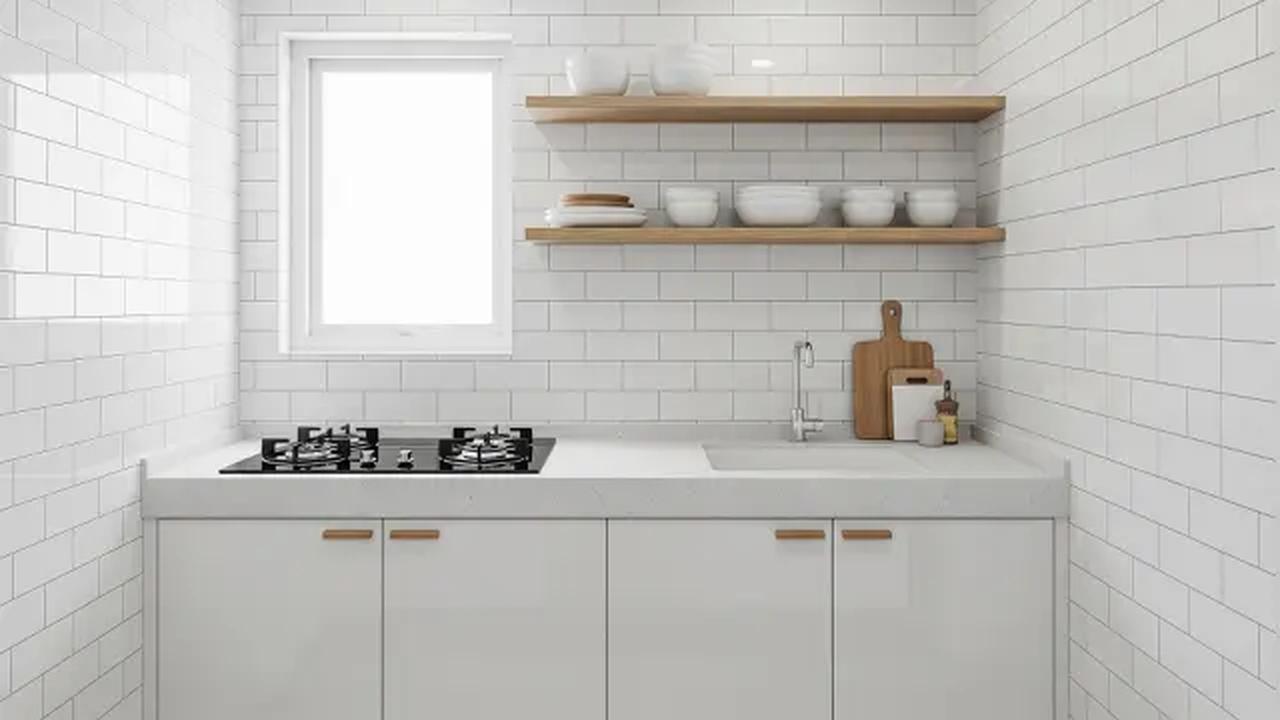 Dapur Monokrom Putih (Ilusi Kelapangan Maksimal)/Dapur Rumah Type 21 Ukuran 1,5x2 meter dengan Kompor Tanam dan Meja Cor (Sumber: gemini.com)