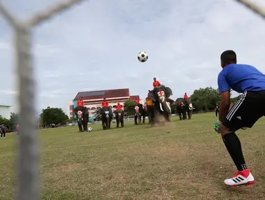 Kiper tim Ayutthaya Wittayalai School mengawasi bola selama pertandingan melawan gajah di sebuah sekolah di Provinsi Ayutthaya, Thailand, Selasa (12/6). Pertandingan digelar sebagai kampanye untuk mempromosikan Piala Dunia 2018. (AP Photo/Sakchai Lalit)