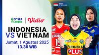 Jadwal live stream SEA V League 2025 - Indonesia vs Vietnam di Vidio pekan ini. Dukung dan saksikan para punggawa Timnas voli putri Indonesia yang akan berhadapan dengan Vietnam, di ajang SEA V League 2025 hanya di layanan OTT Vidio. (sum. doc. vidio.com)
