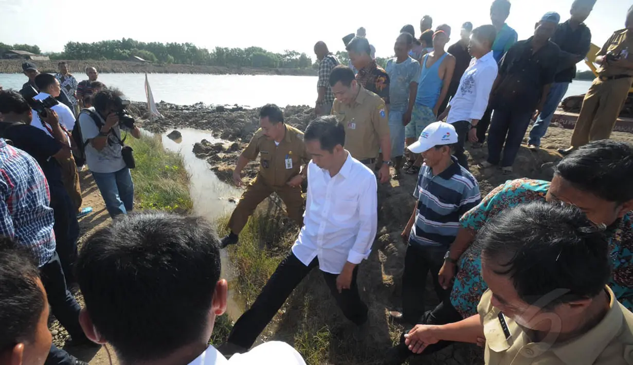 Pria yang akrab disapa Jokowi ini pun tanpa basa-basi langsung menuju tumpukan lumpur di tepi waduk untuk melihat lebih dekat, Jakarta, Rabu (6/8/14). (Liputan6.com/Herman Zakharia) 