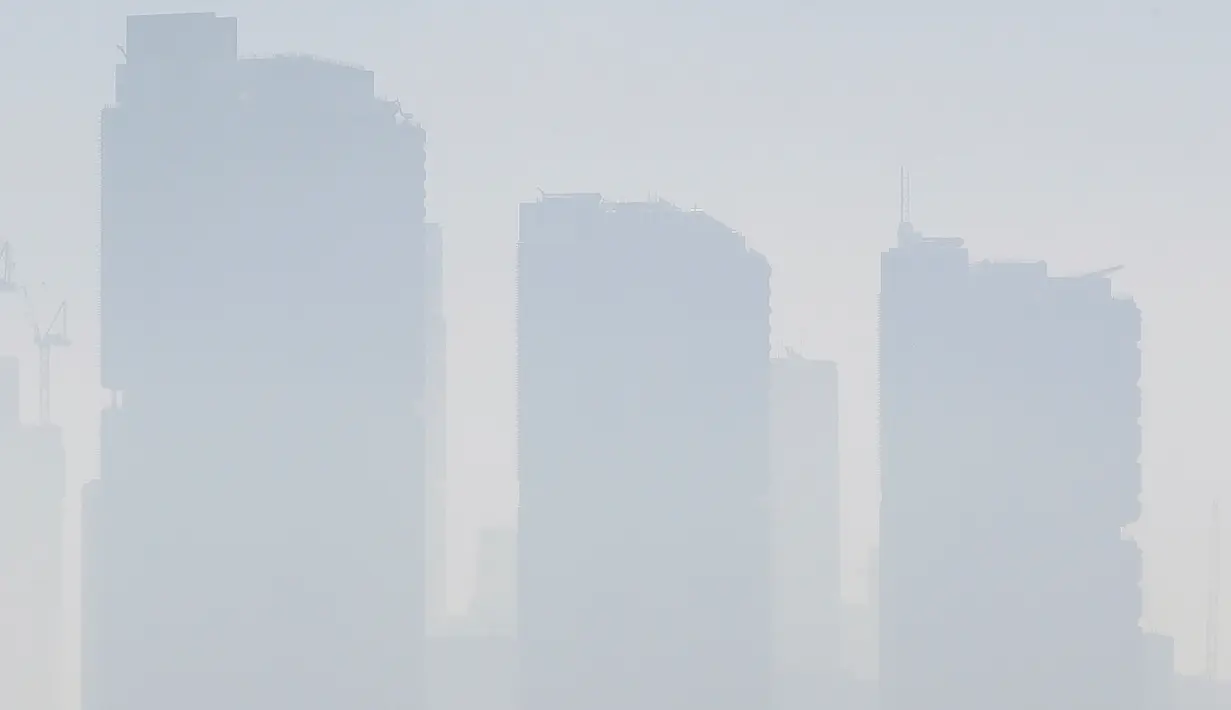 Kabut asap menutupi Sydney saat kebakaran hutan dan lahan terjadi kota, Selasa (19/11/2019). Sydney diselimuti kabut asap saat kebakaran hutan di timur Australia menyebabkan tingkat polusi di kota terbesar Australia itu naik tajam. (AP Photo/Rick Rycroft)