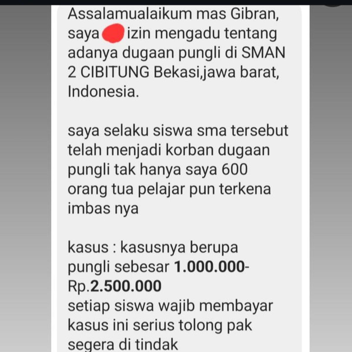 Siswa Laporkan Dugaan Pungli di SMAN 2 Cibitung ke WA Lapor Mas Wapres Gibran