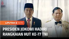 Presiden Joko Widodo memimpin upacara Parade Senja dan penurunan Bendera Merah Putih, di lapangan Bela Negara, Kementerian Pertahanan RI, Selasa (04/10) petang. Acara ini, bagian dari rangkaian HUT ke-77 Tentara Nasional Indonesia, yang jatuh pada ha...