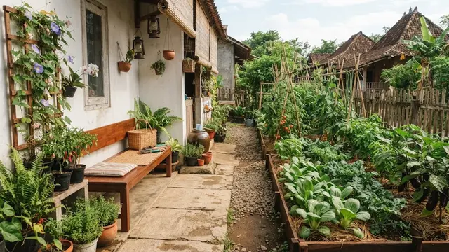 Ide teras minimalis menghadap kebun sayur organik di lahan sempit model teras di samping kebun sayur
