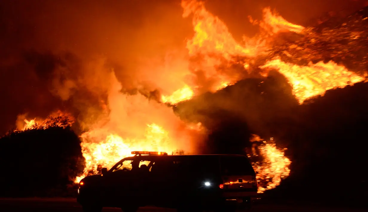 Kebakaran melanda sekitar 1.200 hektar lahan di wilayah barat laut Los Angeles, California, AS, Sabtu (26/12/2015). Api dimulai sekitar pukul 23.00 waktu setempat pada Jumat di dekat Ventura. (REUTERS / Gene Blevins)
