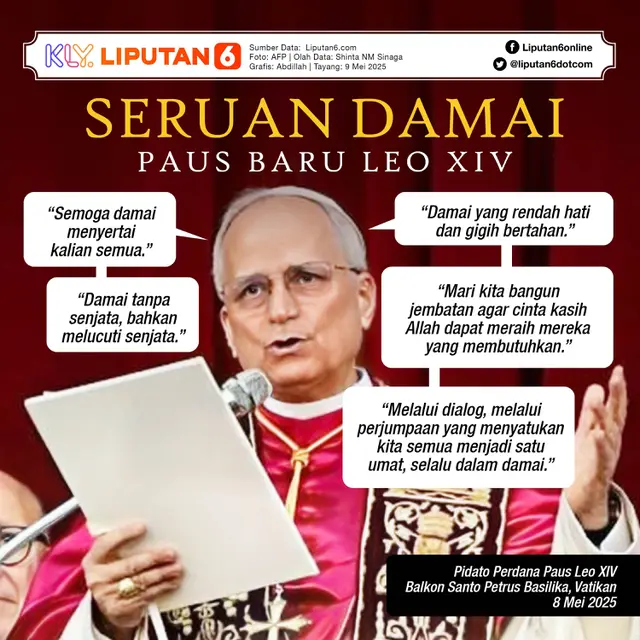 <p>Infografis Seruan Damai Paus Baru Leo XIV. (Liputan6.com/Abdillah)</p>
