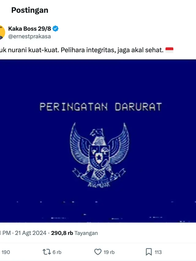 Unggahan Peringatan Darurat dari Ernest Prakasa. (Foto: Dok. Twitter @ernestprakasa)