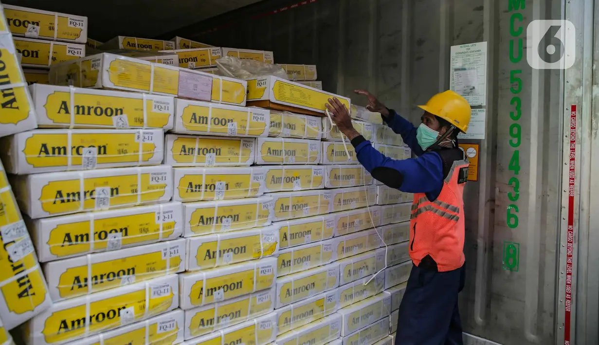 Petugas merapikan daging kerbau impor di Terminal Petikemas Tanjung Priok, Jakarta, Kamis (14/4/2022). Adapun kontrak impor daging kerbau tahap pertama sebanyak 20ribu ton sudah terealisasi pada akhir Maret dan pada tahap kedua diperkirakan akan tiba sebanyak 36ribu ton. (Liputan6.com/Faizal Fanani)