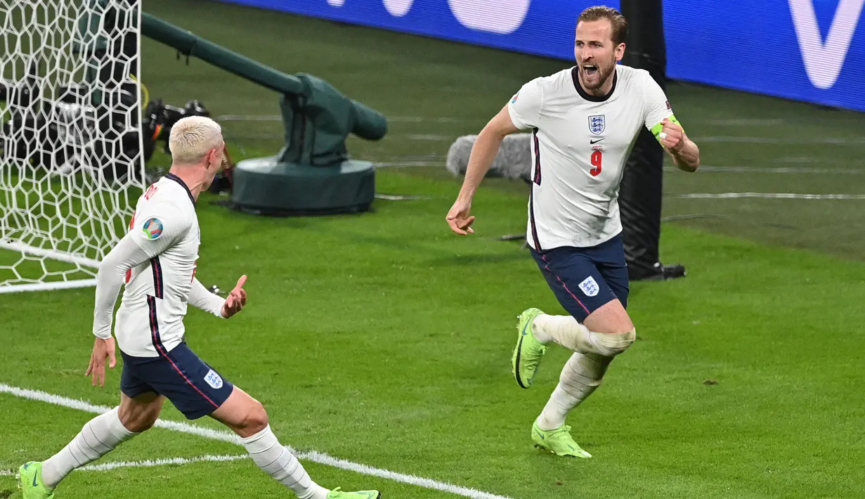 Harry Kane telah berjasa membawa Inggris hingga babak Final Euro 2020 walaupun harus takhluk dengan Italia. Ia tercatat menjadi pemain dengan koleksi gol terbanyak The Three Lions pada perhelatan ini, yaitu empat gol dari tujuh pertandingan. (Foto: AFP/Pool/Justin Tallis)