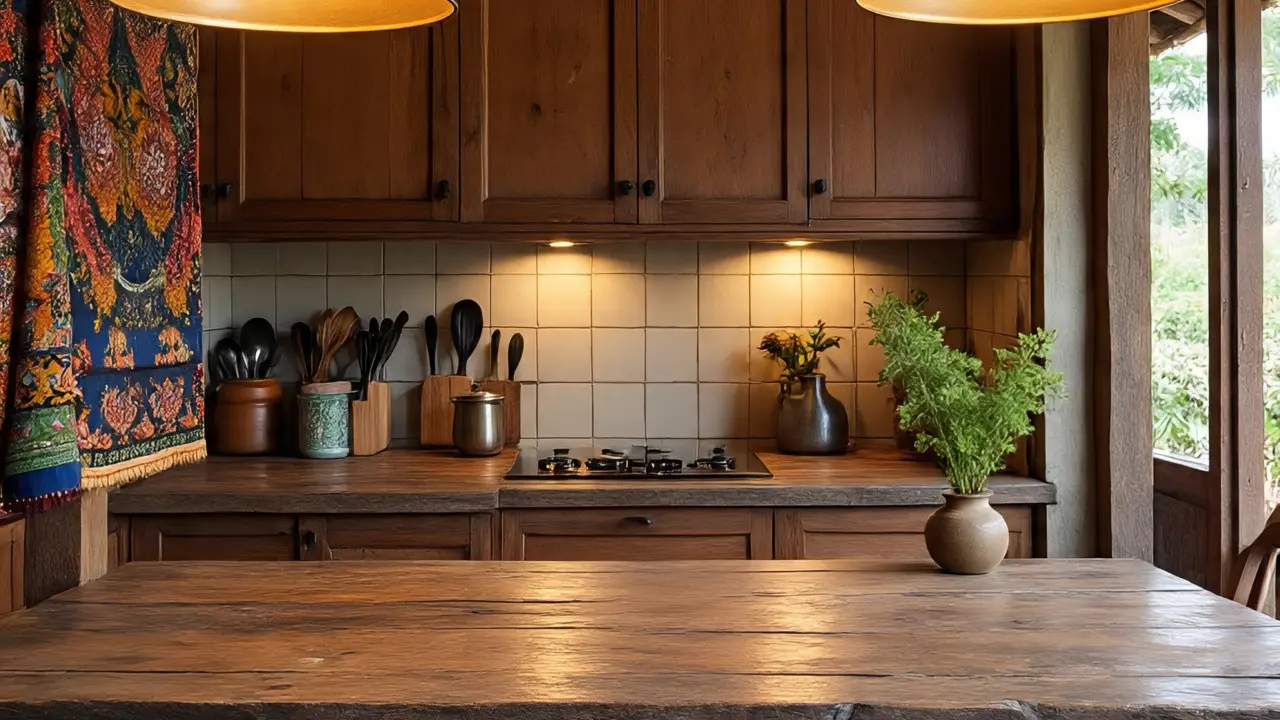 Model Dapur Rustic Sederhana dari Kayu Lokal di Rumah Kampung. Gemini