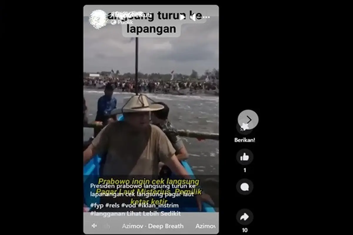 Gambar tangkapan layar video yang diklaim Presiden Prabowo mengecek langsung lokasi pagar laut misterius di Tangerang, Banten. (sumber: Facebook)