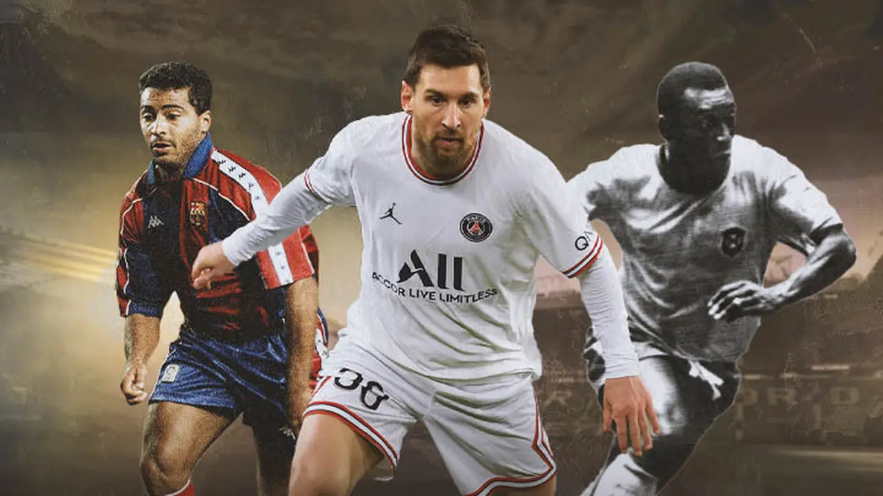 Ilustrasi - Lionel Messi dikelilingi Pele dan Romario