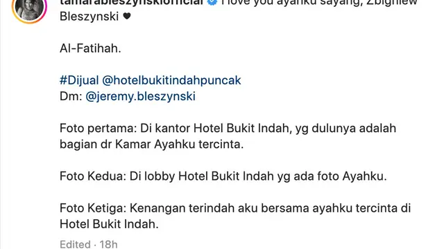 Unggahan Tamara Bleszynski. (Foto: Dok. Instagram @tamarableszynskiofficial)