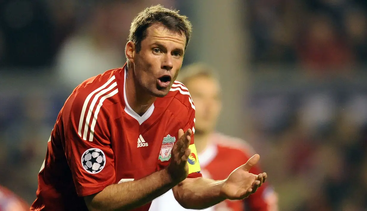 2. Jamie Carragher - Bek legendaris Liverpool ini ternyata menjadi salah satu pemain yang banyak melakukan gol ke gawang sendiri ketibang ke gawang lawan. Carragher tercatat pernah melakukan 7 gol bunuh saat berseragam Liverpool. (AFP/Paul Ellis)